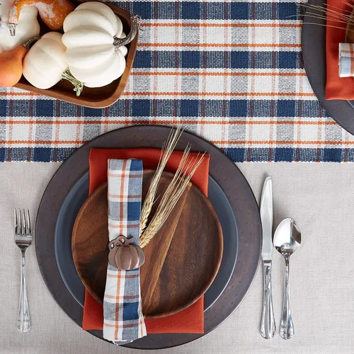 Vista 3 de DII Decoración de mesa de Acción de Gracias y otoño, diseño a cuadros de granja, acanalado, 13 x 72 pulgadas, azul y naranja