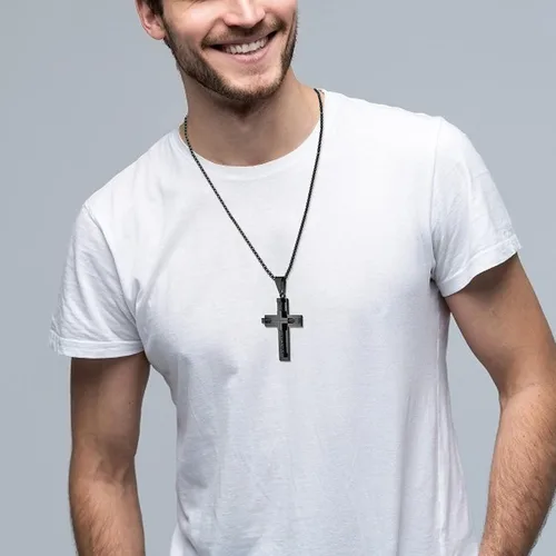 Vista 2 de YL Collar de cruz para hombre de acero inoxidable 316L con colgante grande de Jesucristo, color blancodoradonegro, cadena Rolo para 20, 22, 24, 26