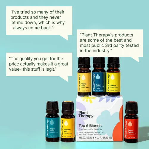 Vista 3 de Plant Therapy Juego sinergias de 6 mejores aceites esenciales. Incluye: desestresante, energía, contra los gérmenes, relajación, ayuda inmunológica