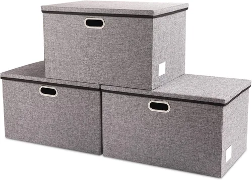 Vista 65 de PRANDOM Contenedores de almacenamiento con tapas [paquete de 3] cajas de almacenamiento plegables de tela de lino, canastas organizadoras, cubos