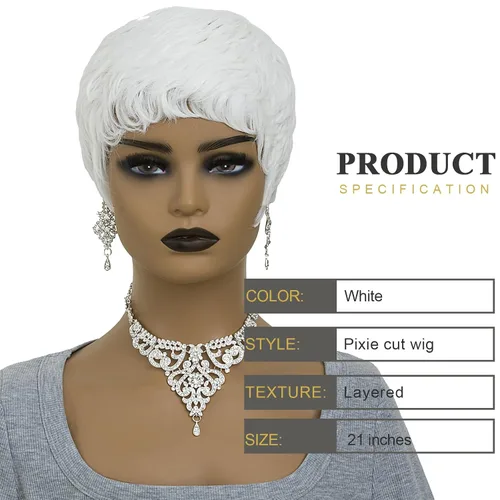 Vista 3 de Pelucas blancas cortas Pixie para mujeres negras, cabello sintético ondulado natural con gorra ligera, peluca corta de corte Bob con textura suave