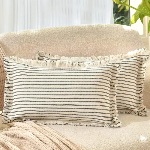 Vista 19 de Fundas de almohada ZWJD de 16 x 16 pulgadas, juego de 2 fundas de almohada a rayas con borlas, fundas de almohada de algodón chic, fundas de cojín