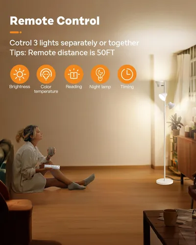 Vista 4 de SIBRILLE - Lámpara de pie LED, lámpara de pie moderna de 36W con control remoto y táctil, 4 temperaturas de color, lámpara de pie con 3 luces