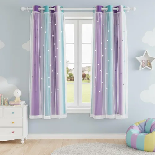 Vista 59 de NICETOWN Cortinas para Dormitorio de Niñas Infantiles con Estrellas Caladas Ventana 2 Capas Cortina 63 Pulgadas de Longitud Oscurecimiento