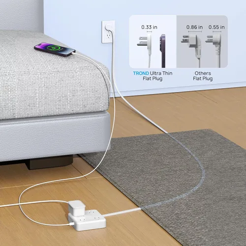 Vista 4 de TROND Regleta protectora de sobretensiones con puertos USB, cable de extensión de enchufe plano de 10 pies con múltiples tomas, 1440J, montaje
