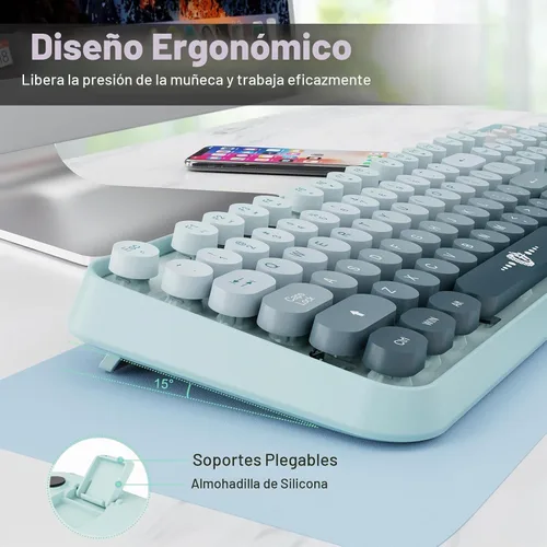 Vista 6 de Combo de teclado y mouse inalámbricos, teclado y mouse coloridos, teclado retro con 2.4 GHz Plug & Play, para Windows 11/10/7, portátil, PC (azul)