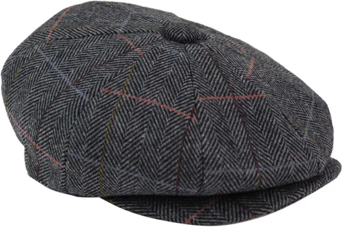 Vista 2 de Gorra plana para hombre de 8 paneles Newsboy Grandad Tweed Check Vintage Baker Boy Gris