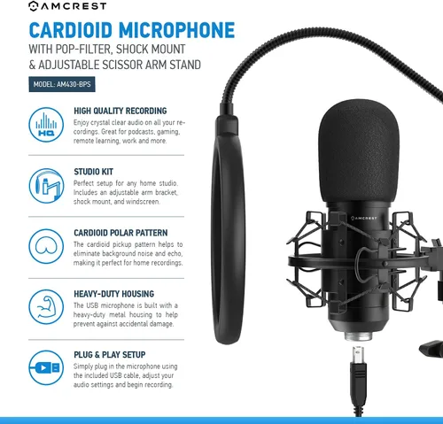 Vista 2 de Amcrest Micrófono USB para grabaciones de voz, podcasts, juegos, conferencias en línea, transmisión en vivo, micrófono cardioide con brazo de brazo