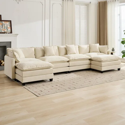 Vista 33 de Sofá seccional modular verde de 111.5", sofás seccionales grandes de 3 plazas para sala de estar, sofá nube oversized de tela chenille con otomana