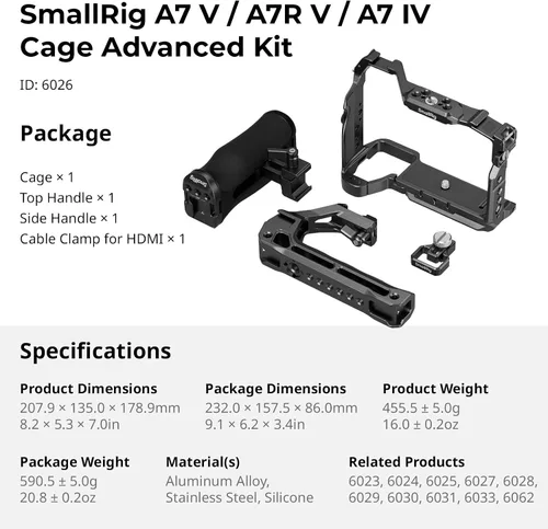 Vista 7 de SmallRig Kit avanzado de jaula A7 V / A7R V / A7 IV Para Sony Alpha 7R V/Alpha 7 IV/ Alpha 7 V, incluye un mango superior/mango lateral/abrazadera
