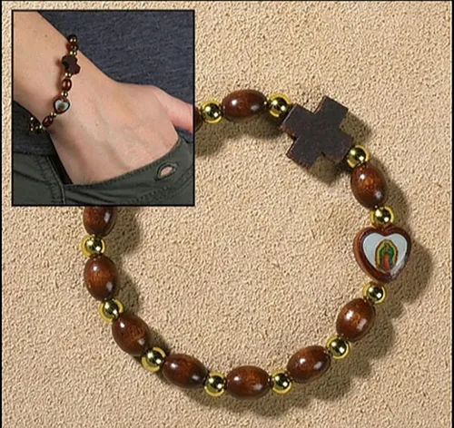 Vista 5 de Pulsera Virgen María - con tarjeta de oración de Nuestra Señora de Guadalupe, Oración del Señor Pulsera de madera de corazón Nuestra Señora