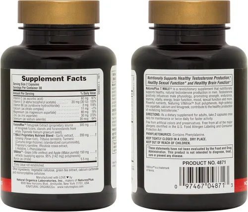 Vista 2 de NaturesPlus T Male - 60 cápsulas vegetarianas - Promueve la ganancia muscular y la resistencia, potenciador del estado de ánimo, sin gluten, 30