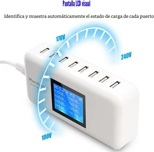 Vista 3 de Estación de carga de escritorio de 60W/12A de 8 puertos Múltiples USB, Hub de cargador de pared rápido de viaje de múltiples puertos con LCD