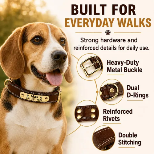 Vista 4 de Collar de cuero para perro personalizado con placa de nombre grabable - Collar con etiqueta de identificación duradera - Collar para perro
