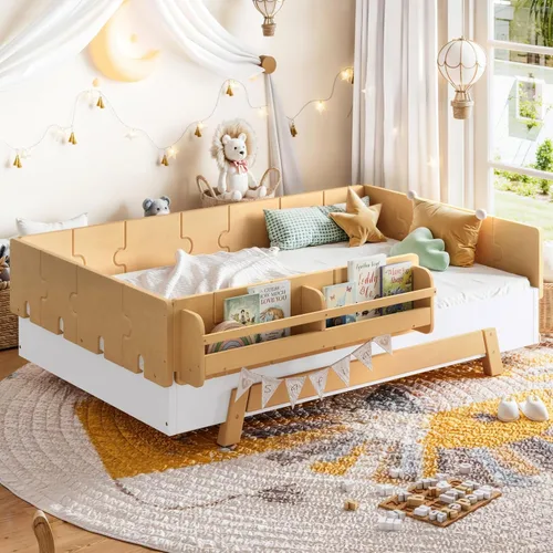 Vista 10 de Cama Montessori de tamaño matrimonial con estantería y valla, natural