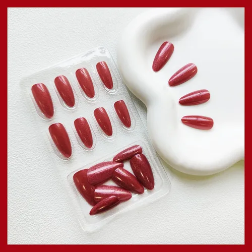 Vista 4 de Uñas postizas rojas de tamaño mediano en forma de almendra, uñas acrílicas brillantes con diseño de purpurina, uñas artificiales de cobertura a001