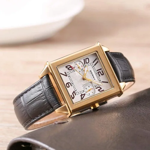 Vista 8 de BERNY Relojes cuadrados para hombre reloj de cuarzo rectangular calendario correa de cuero