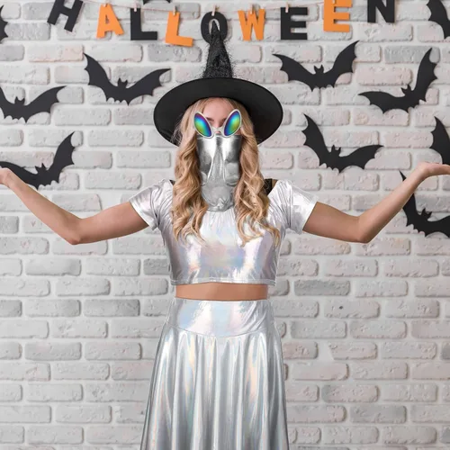 Vista 7 de Jiuguva 6 piezas de disfraz de alienígena de Halloween para mujer, diadema de alienígena, lentes, faldas metálicas, traje superior para adultos