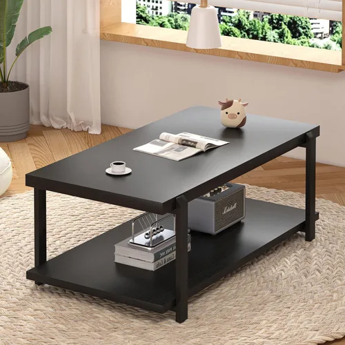 Vista 7 de FOLUBAN - Mesa de café negra, mesa de centro moderna de madera rústica con almacenamiento para sala de estar, mesa de té industrial de 2 niveles