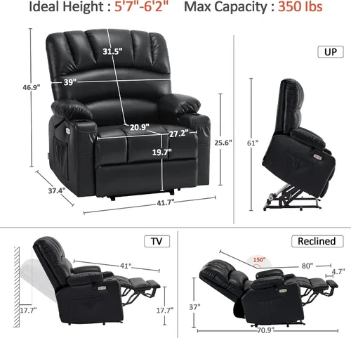 Vista 2 de MCombo Silla reclinable de elevación eléctrica extragrande para ancianos, silla elevadora con calor y masaje, reclinable para personas grandes