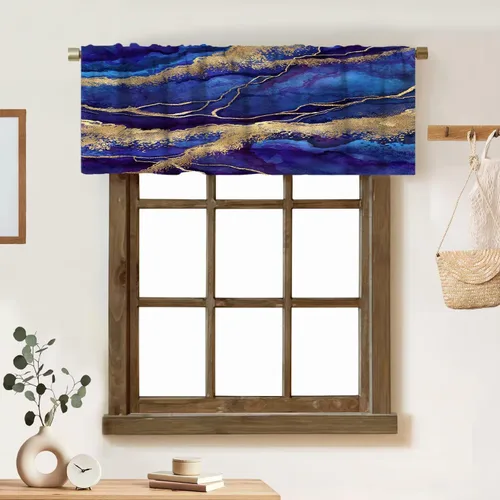 Vista 19 de Cortina de cenefa de mármol verde con venas doradas de mármol negro, diseño abstracto de lujo, elegante cenefa con bolsillo para barra, 1 panel