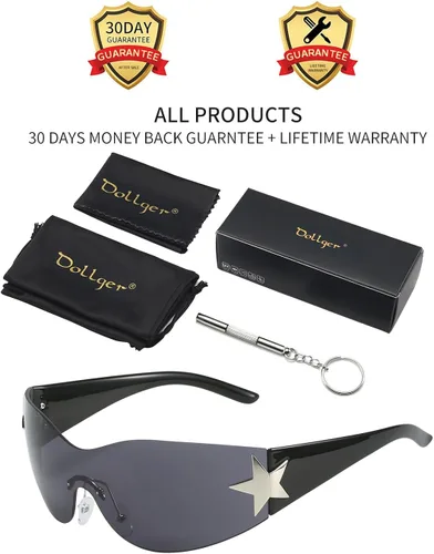 Vista 8 de Dollger Gafas de sol Y2K de moda para mujeres y hombres gafas de sol envolventes sin montura Cyber Y2k Fashion 2000 gafas escudo Negro