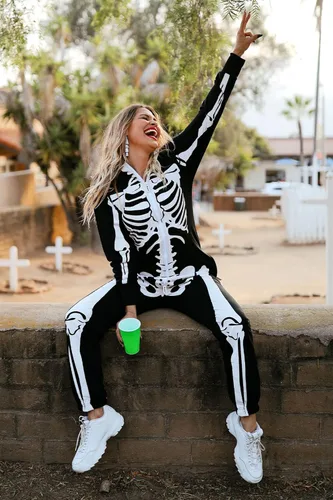 Vista 5 de Tipsy Elves - Disfraz de esqueleto de Halloween para mujer con estampado de espalda disfraz de esqueleto