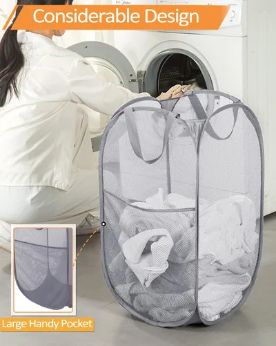 Vista 6 de Cestas de lavandería plegables duraderas, cesta de lavandería plegable con bolsillo lateral, cestas de ropa resistentes a desgarros para baño Gris