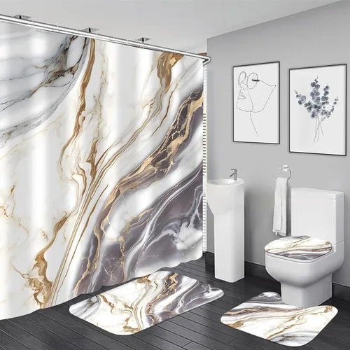 Vista 16 de Nkzply Juego de 4 Piezas de Cortinas de Ducha de Mármol Negro con Alfombras, Juegos de Baño Dorados con Cortina de Ducha y Alfombras, Accesorios