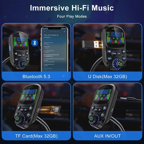 Vista 11 de Transmisor FM Bluetooth 5.3 para coche SOARUN Adaptador Bluetooth para automóvil PD30W y puerto USB, carga rápida, reproductor de agudos y graves