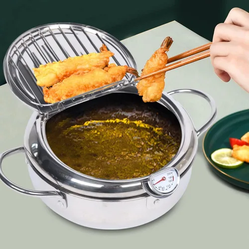 Vista 2 de Olla para freidora, acero inoxidable 304, Tempura pequeña olla profunda con control de temperatura y escurridor de aceite, estilo japonés para papas