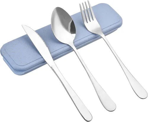 Vista 9 de Juego de cubiertos de viaje con estuche, utensilios reutilizables portátiles - Cuchara, cuchillo, tenedor y caja de almuerzo Beige