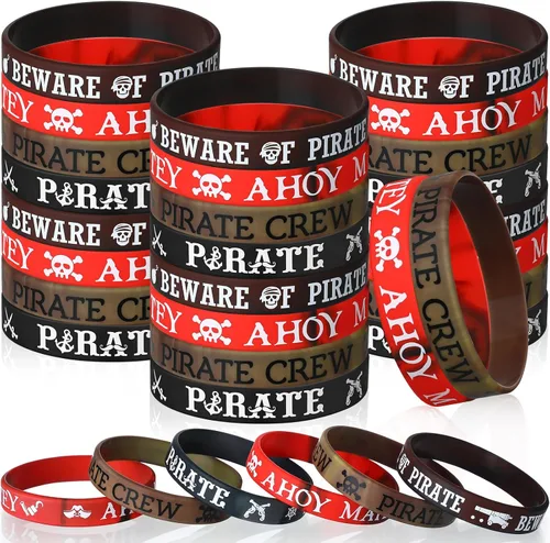 Vista 8 de Capoda 24 pulseras de silicona pirata Ahoy Matey Caribbean pulseras de goma calavera, barco pirata, recuerdos de fiesta para niñas y niños