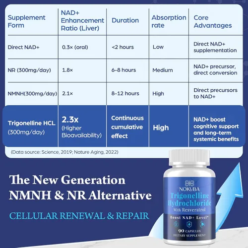 Vista 4 de Suplemento NAD – Alternativa NMNH con Trigonelina HCL 500 mg y resveratrol – Precursores NAD+ Extracción de plantas – Apoya la energía celular