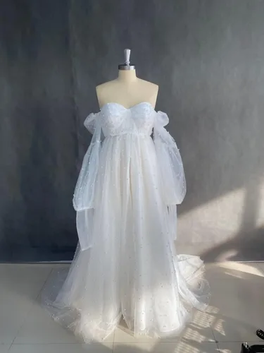 Vista 7 de SUOLUOS Vestidos de maternidad de tul perlado para sesión de fotos, hombros descubiertos, lencería nupcial, vestidos de embarazo para baby shower