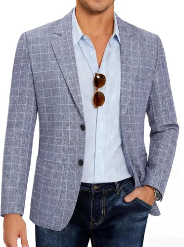 Vista 14 de COOFANDY Mens Blazer Casual Slim Fit Sport Coats Lightweight Sport Jacket Linen Textured Blazer, Two Button Suit Jacket, Patch Pockets, Plaid B