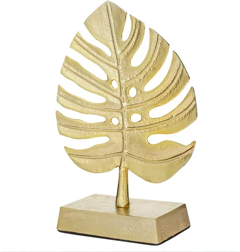 Vista 6 de MyGift Decoración de escultura de arte moderno de hoja de palmera de metal en tono latón, estatua de planta de Monstera - Hecho a mano en la India