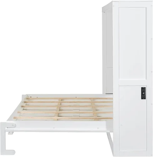Vista 7 de Cama Murphy de tamaño matrimonial con estación de carga, marco de cama de pared de madera que ahorra espacio se puede plegar, armario de cama cubo