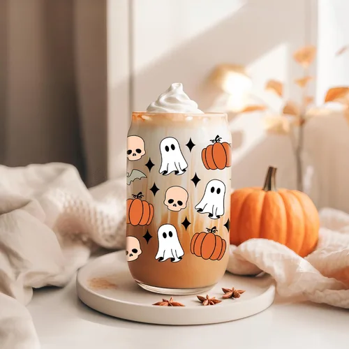 Vista 8 de Coolife Taza de otoño de calabaza y fantasma de Halloween – Taza de otoño de calabazas de 16 onzas, vaso de vidrio para café helado, tazas de vidrio