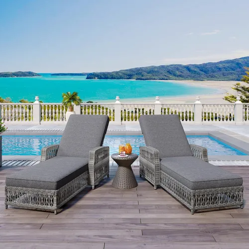 Vista 14 de Tumbona reclinable para patio al aire libre con respaldo ajustable de 5 posiciones y mesa auxiliar de madera, silla lounge para todo tipo de clima