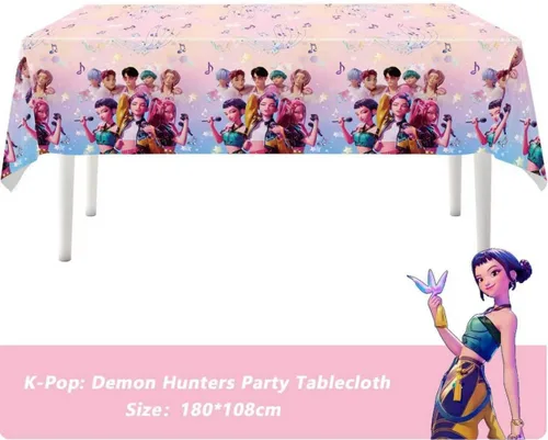 Vista 2 de 3 manteles de cumpleaños de cazadores de demonios, manteles de plástico impermeables de plástico para fiestas de dibujos animados de color rosa
