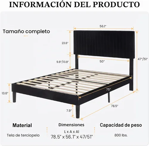 Vista 2 de SHA CERLIN Base de cama de plataforma tapizada completa con cabecera ajustable, tela de terciopelo capitoné de canal vertical, soporte de listones