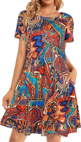 Vista 7 de Vestidos de verano para mujer, informales, holgados, estilo camiseta, florales, de manga corta, con vuelo y bolsillos, para la playa