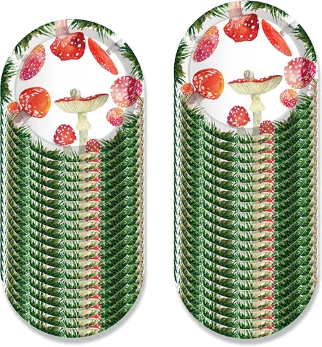 Vista 3 de Juego de vajilla de 116 piezas de vajilla roja de hongos en acuarela que incluye platos de hongos y servilletas, platos llanos, tazas