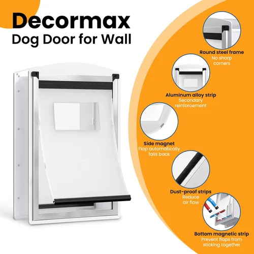 Vista 3 de Puerta de perro para pared, puerta de perro de acero con túnel telescópico, puerta de mascotas resistente a la intemperie con dos paneles de bloqueo