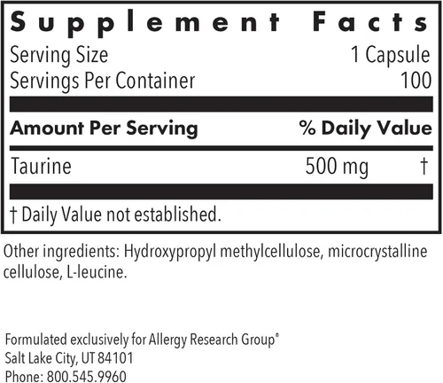 Vista 6 de Allergy Research Group - Taurina 500 mg - Energía, Apoyo Cardiovascular - 100 Cápsulas Vegetarianas
