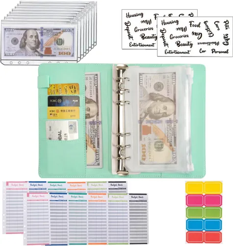 Vista 4 de NICOOTH Carpeta de Presupuesto con Sobres de Efectivo A6 Carpeta para Ahorrar Dinero con Sobres con Cremallera (A6 Verde)