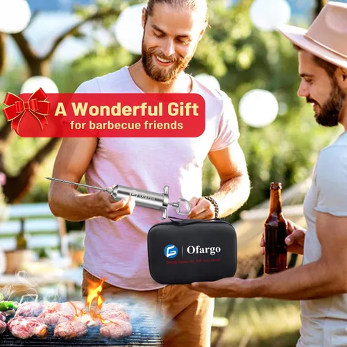Vista 5 de Ofargo Jeringa Inyectora de Carne de Acero Inoxidable con 4 Agujas de Marinado y Estuche de Viaje para Parrilla Ahumadora de BBQ, regalos
