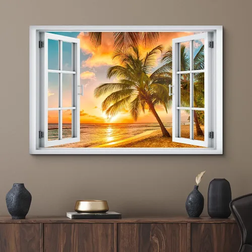 Vista 2 de wall26 - Cuadro en lienzo para pared, vista de ventana, atardecer neón, cielo, palmera tropical, playa, naturaleza, desierto, fotografía, realismo