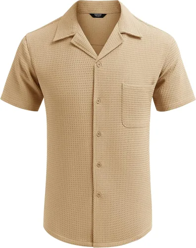 Vista 2 de COOFANDY Camisa de manga corta con botones para hombre, ajuste holgado, para playa cubana
